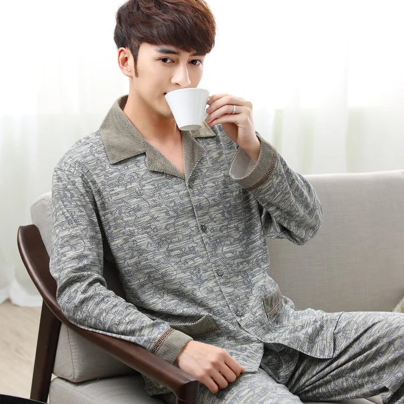 Pajama Sets Men Spring Fall Winter Cotton Long-Sleeved Large Size Leisure Sleepwear