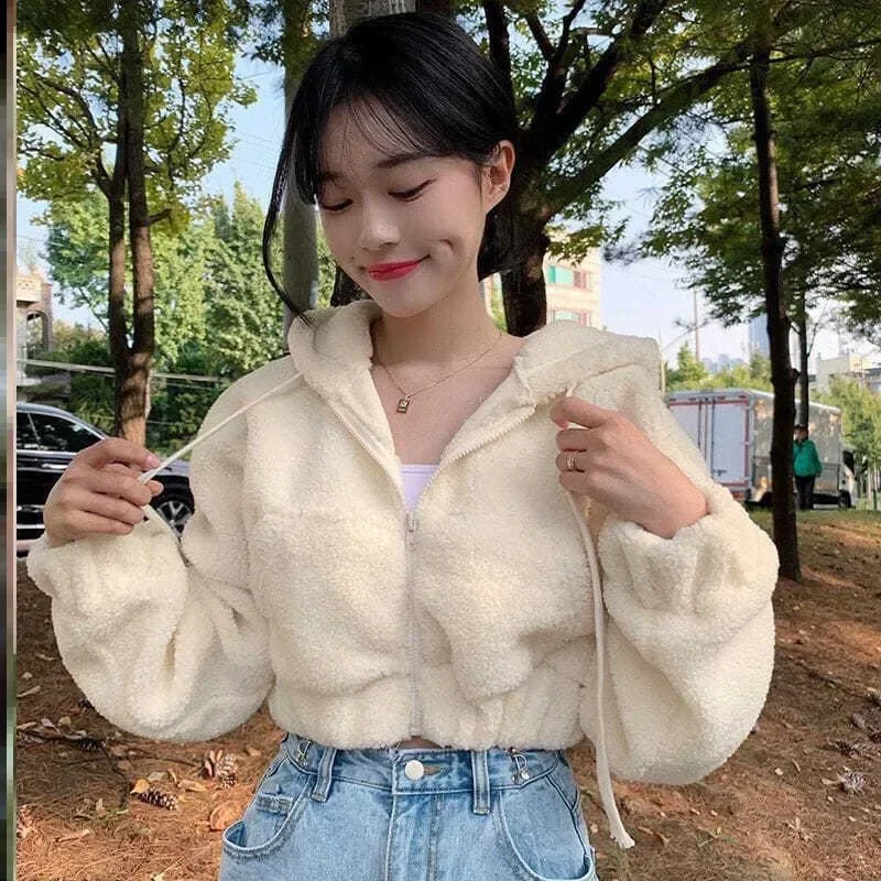 Cute Hairy Sweat Hoodie Autumn Warm Faux Lamb Fur Oversized Black White Women Fleece Sweatershirt Crop Top Loose Pullover y2k