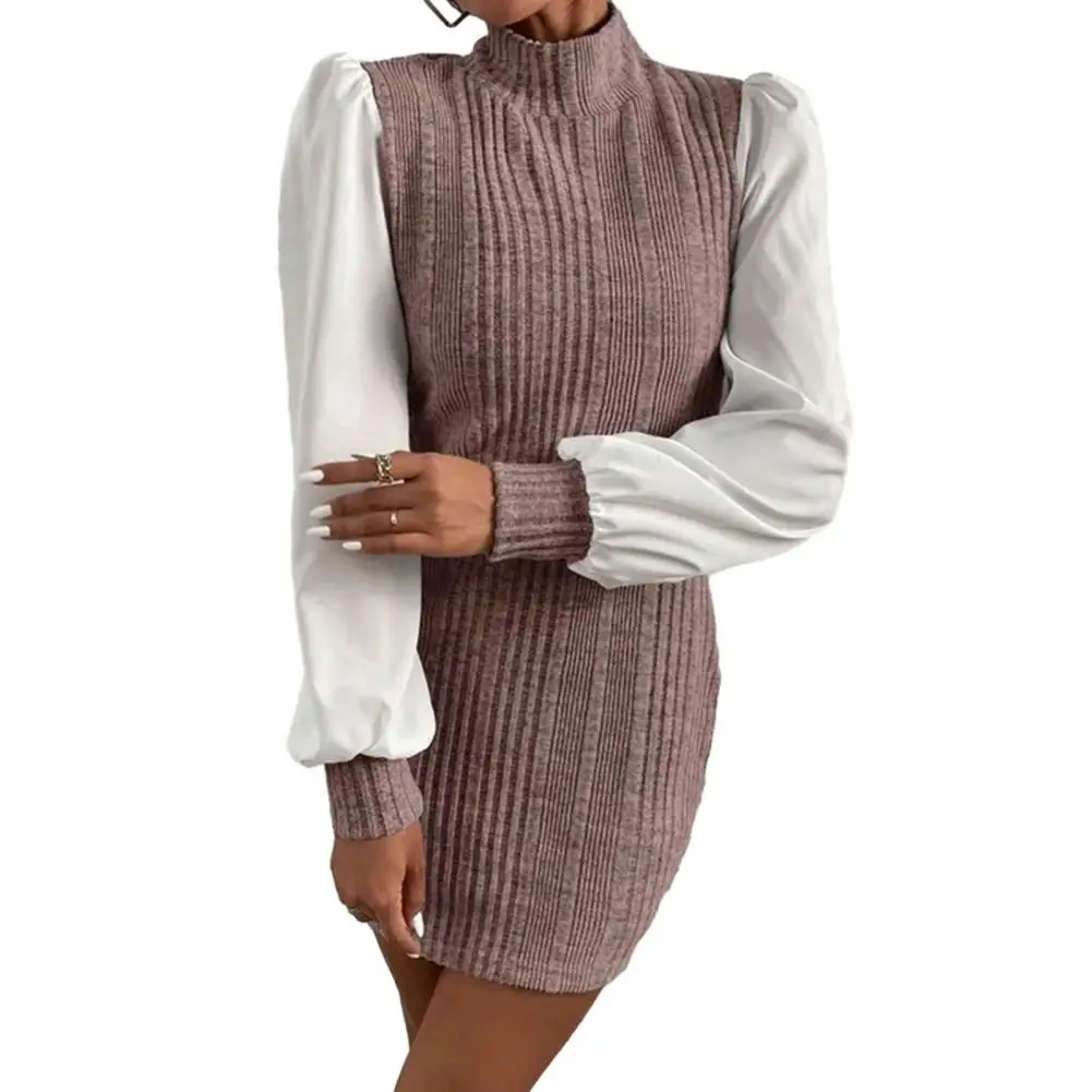 

Spring Women Dress Slim Patchwork High Collar Ribbed Long Sleeve Sheath Tight Waist Above Knee Commute