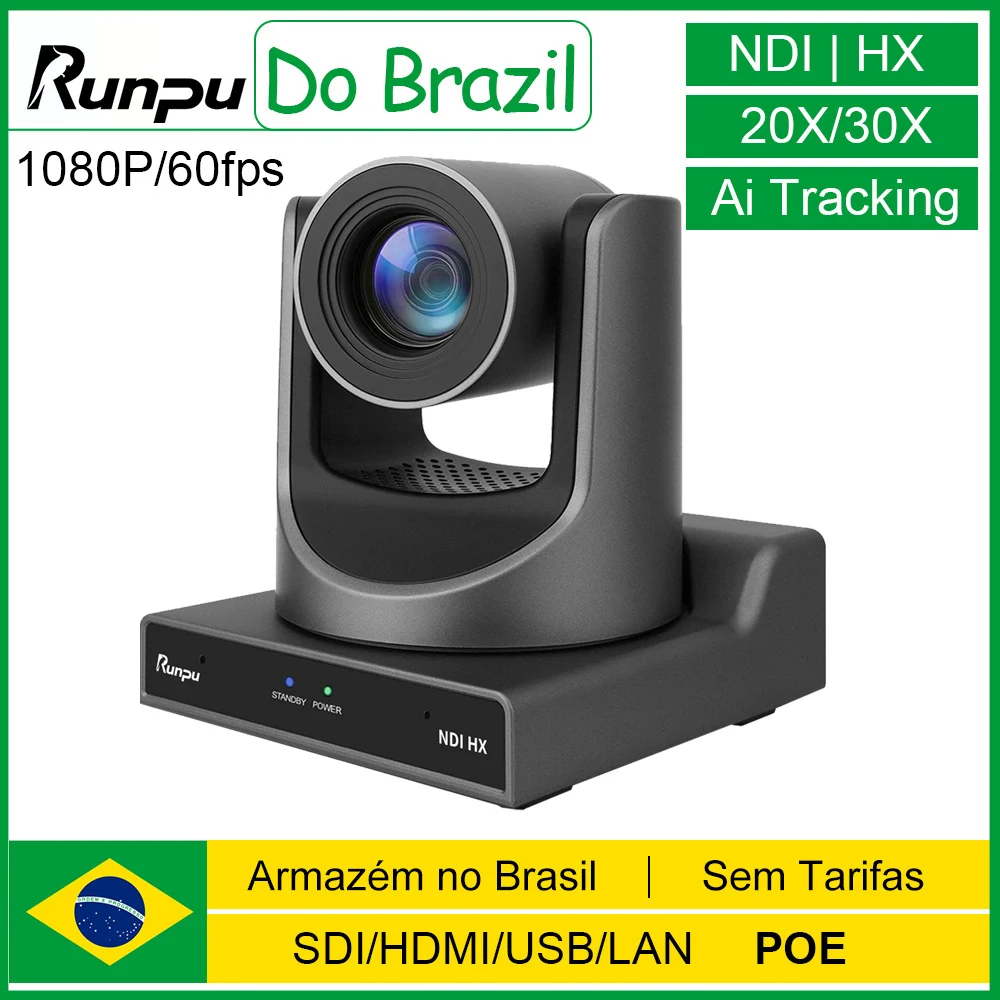 Runpu AI Tracking NDI | Câmera PTZ HX com Zoom de 12/20/30x, Câmera de Conferência PTZ com Saída SDI HDMI USB para Transmissão em Igrejas, POE 1080P
