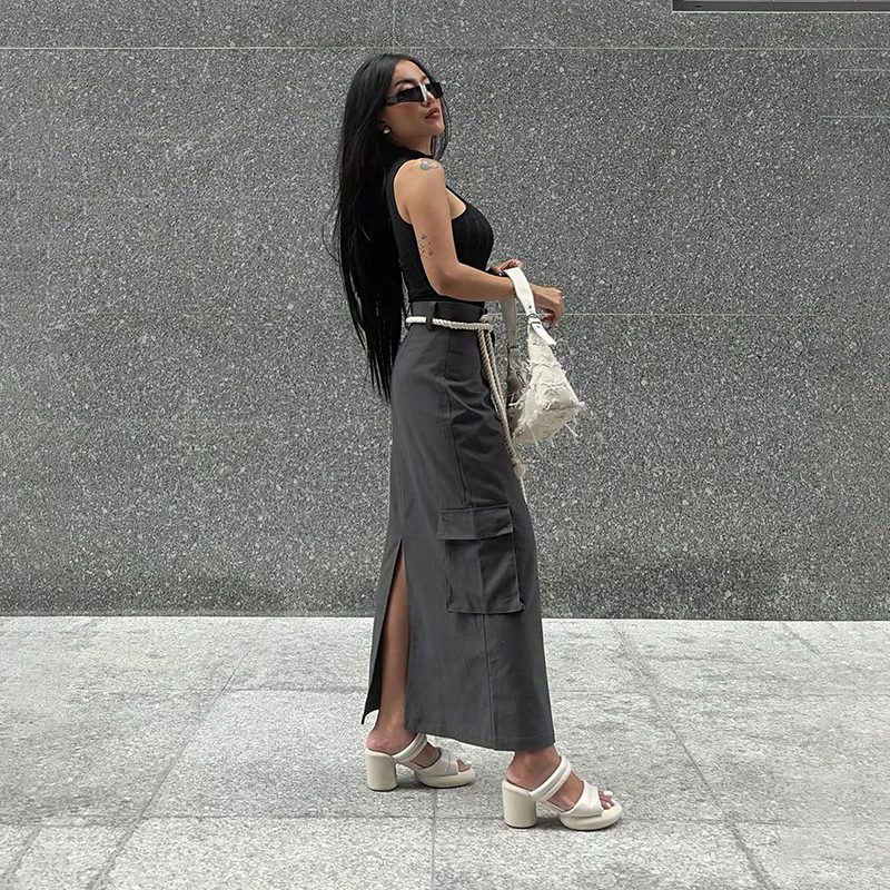 여성용 섹시한 미드 카프 스커트, 단추 캐주얼 솔리드 파티, 우아한 하이 웨이스트, 그레이 스커트, 스트리트 웨어 포켓, 패션 스커트, 여름 신상