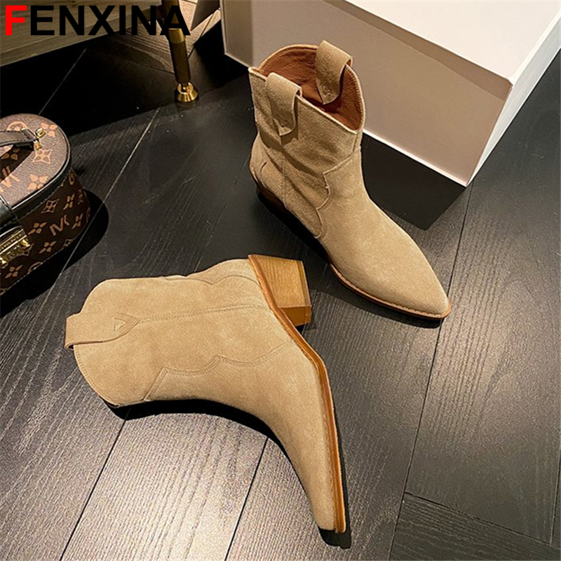 FENXINA Large Size 34-44 New Cow Suede Leather Western Boots Women Pointed Toe Block Heels Autumn Winter Ankle Boots Ladies Shoe