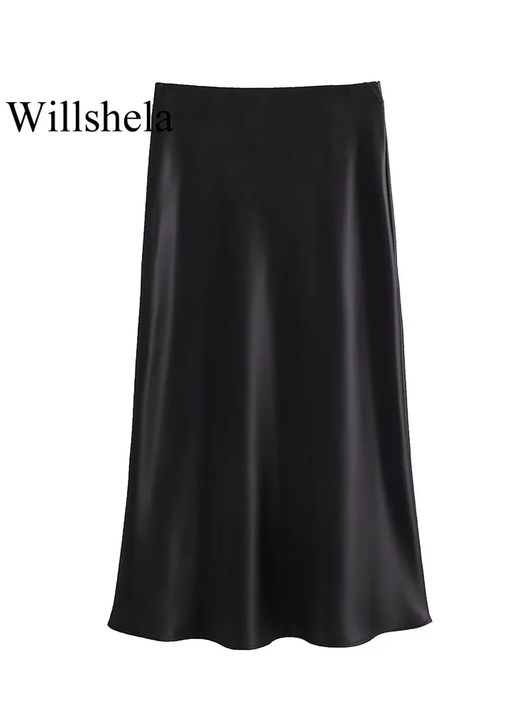 Willshela Women Fashion Satin Solid Pleated Midi Skirt Vintage Mid Elastic Waist Female Chic Lady Skirts 3