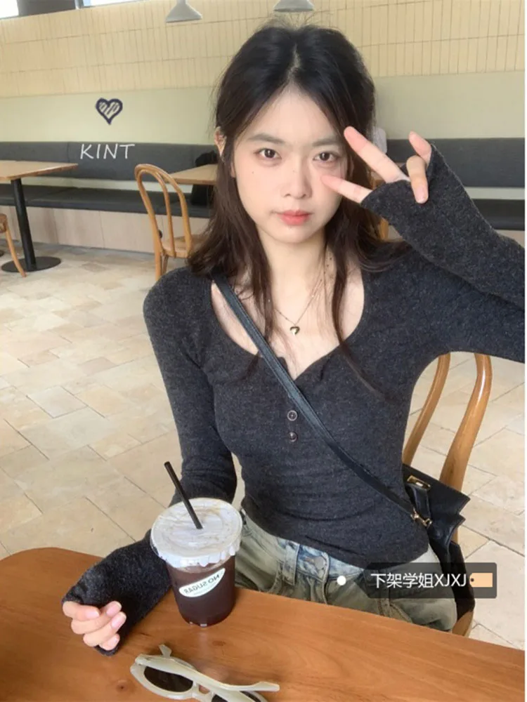 

Korean Minimalist Slim Fit Long Sleeved Knit Sweater Spring New Spicy Girl Short Bottoming Tops Fashion Casual Female Pullover