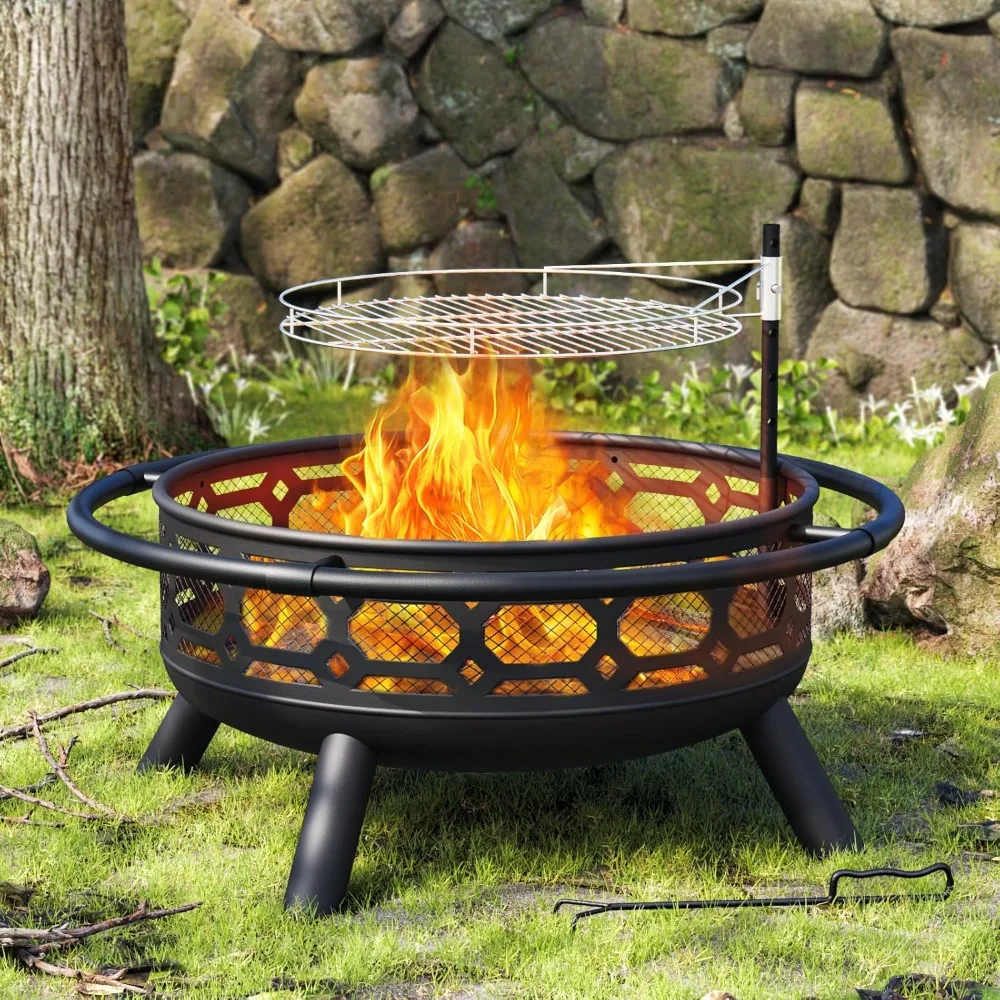 36 Inch Fire Pit, Outdoor Wood Burning Firepit with Removable Grill & Poker, Heavy Duty Metal Round Fireplace,2 in 1 Large Bonfi