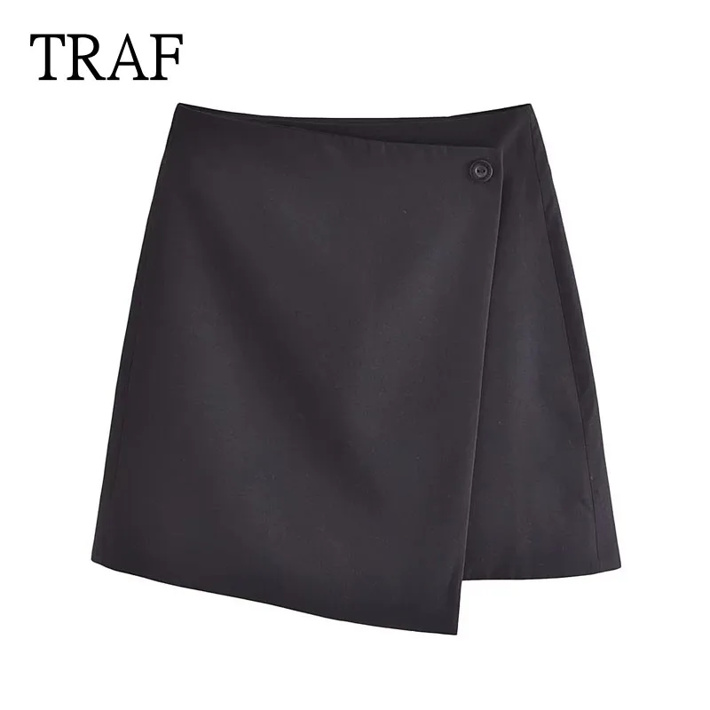 

TRAF Asymmetric Black Women Short Skirt Vintage High Waist Casual Skirts Female Fashion Button Mini White Skirts Y2k Streetear