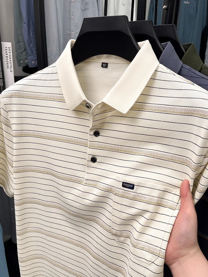 High quality stripe men short sleeve polo shirt light luxury pocket comfort breathable summer silky cotton casual lapel T-shirt 14 S7082c82a3fc74c6b8239d2dad992095aW