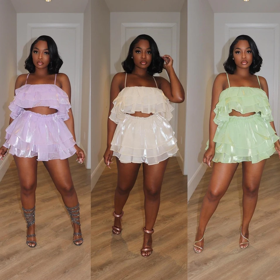 

2023 Summer Ruffles Set Women Two Pieces Mesh Speghetti Strap Cami Crop Top and Ruffled Mini Skirt Sweet Suit Fashion Streetwear