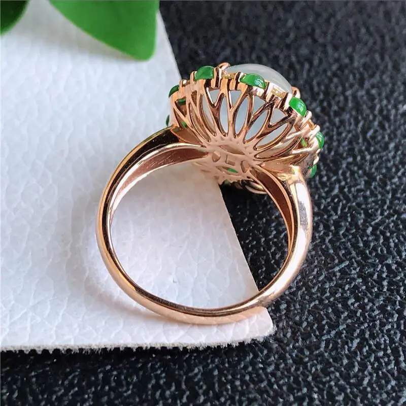 Natural ice chalcedony embellished with green s925 silver inlaid rose gold ring adjustable ring for women