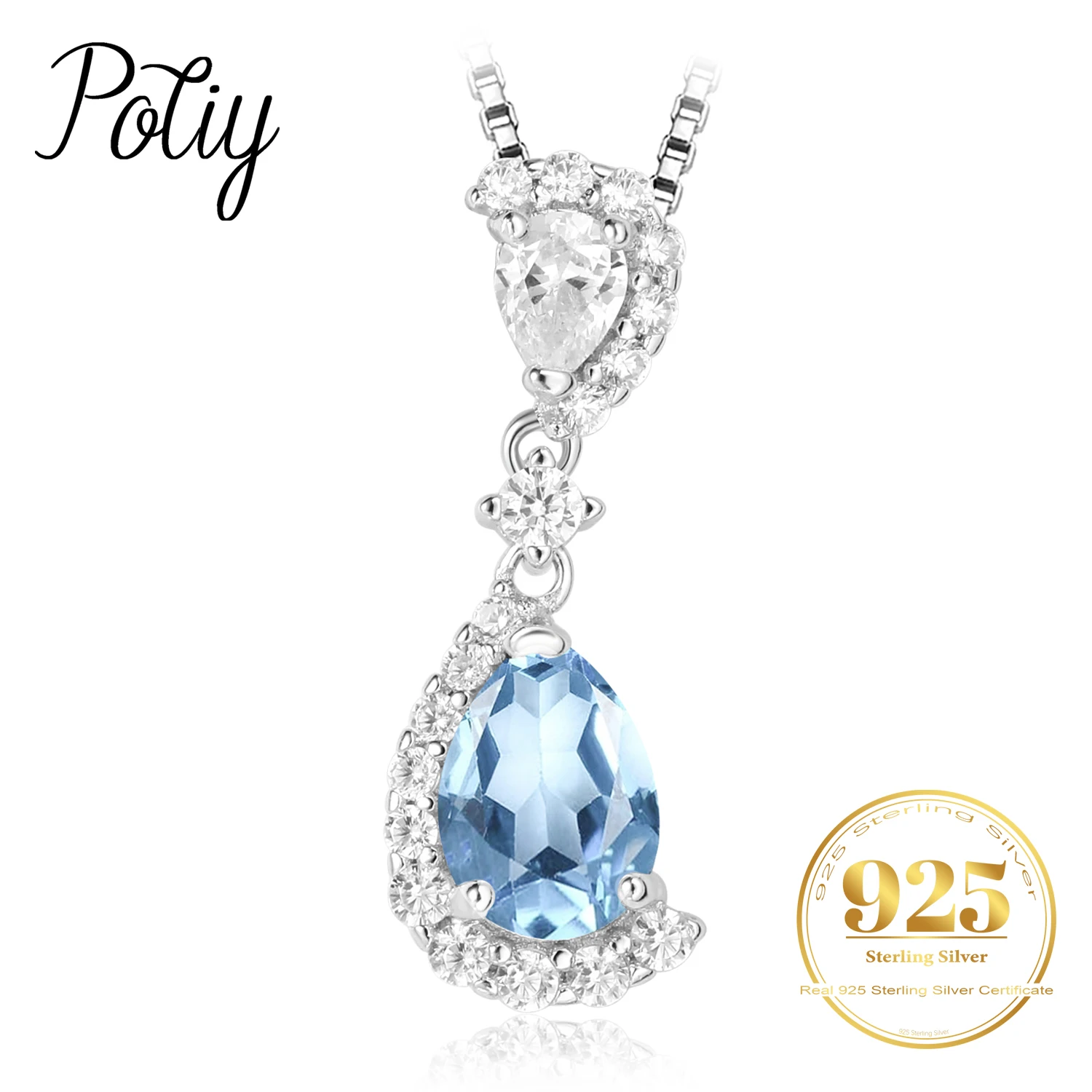 

Potiy Pear Natural Sky Blue Topaz 925 Sterling Silver Pendant Necklace Gemstone Statement Women Without Chain valentines gift