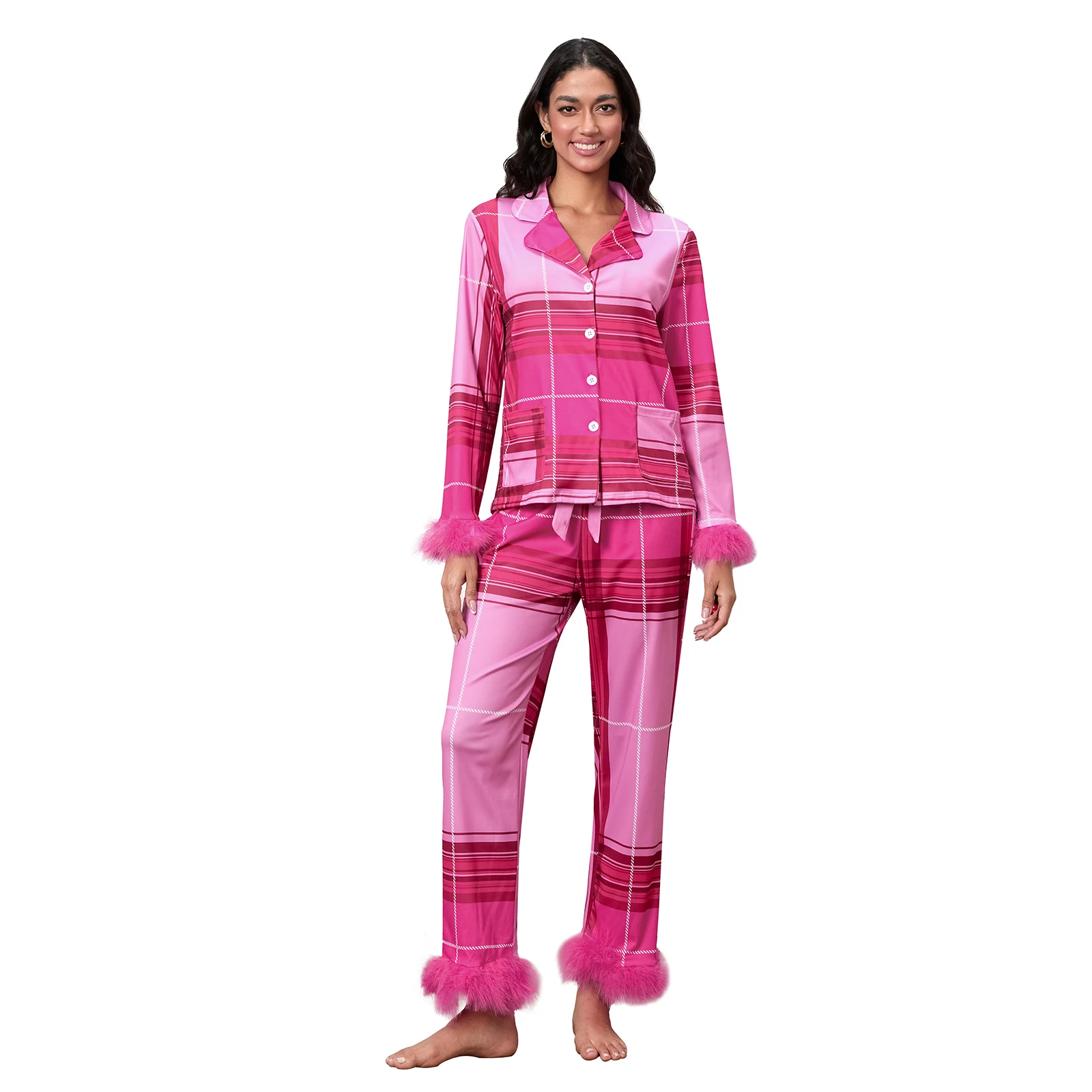 thumbnail image 1 of Conjuntos de pijamas familiares a juego para madre e hija, blusas con ribete de plumas de leopardo, cuadros y Papá Noel + pantalones con cintura elástica, conjuntos de ropa de dormir, 1 of 5