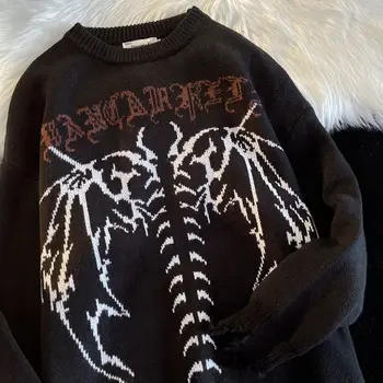 New Hip Hop Streetwear Knitted Sweater men Gothic Letter Bat Skeleton Print Pullover 2021 autumn Harajuku Cotton sweater women 1