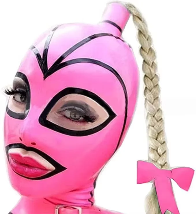Pink Latex Fetish Hood Mask with Braided Hair Blond Ponytail Back Zipper latex bodysuit