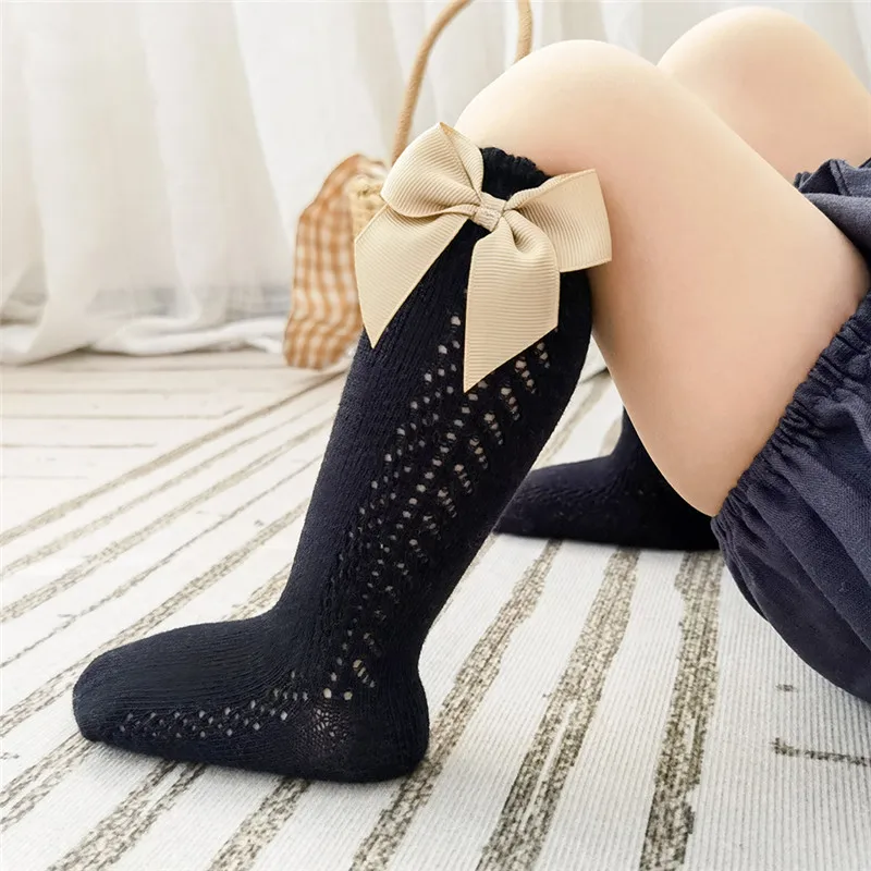 Cotton Socks Children Socks Summer Kids Knee High Socks Baby Girls Boys Bow Long Sock Soft Cotton Mesh Breathable Children Hollow Out Socken 0-7 Years