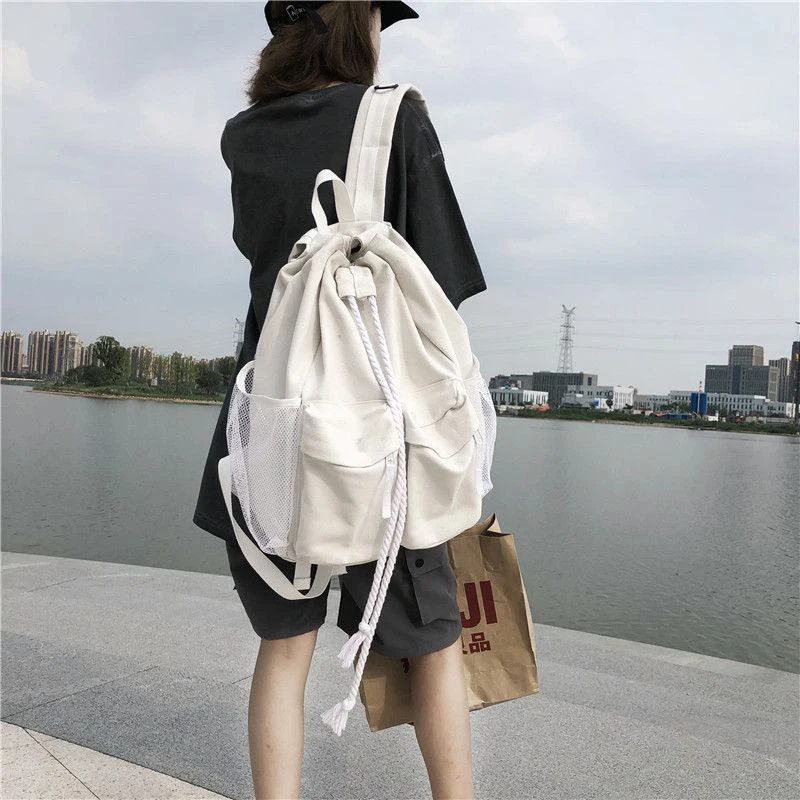 Fashion Canvas Backpack Women Drawstring Large Capacity Backpack For Travel Simple Style New Travel Backpack Shoulder Bags
