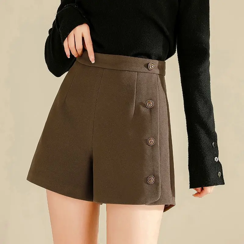 Women's Clothing Button Spliced High Waist A-Line Shorts Spring Autumn Commute All-match Solid Color Loose Pants for Female