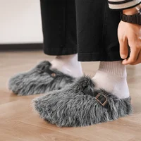 Winter Warm Sports Fluffy Slippers Woman Fashion Faux Fur Platform Indoor Slippers Men Thick Sole Non Slip Plush House Shoes