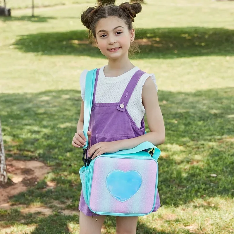Lunch Bag Rainbow Loving Heart Laser Portable Large Bento Pouch for Children Girl Thermal Insulated Cooler Shoulder Picnic Box 2