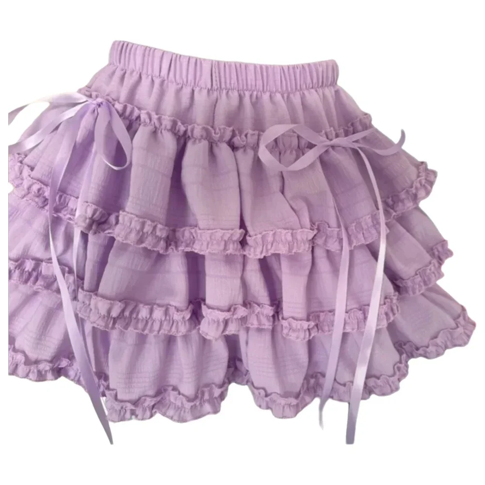 Women Fashion Sweet Purple Cake Short Skirt Slimming Lace Elastic Waist Half Body Skirt Girls Clothes