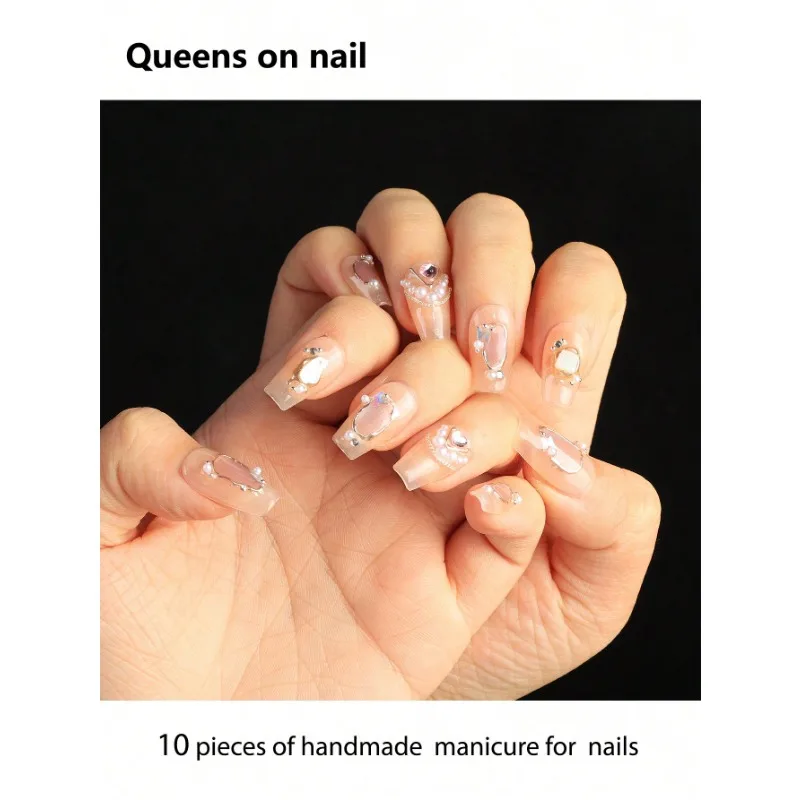

10 Pieces Handmade press on Nails Ballet Style Fake Nails/Smudge/Dazzling Diamond Bows/Hand-Painted Stripes/Shining Pearls