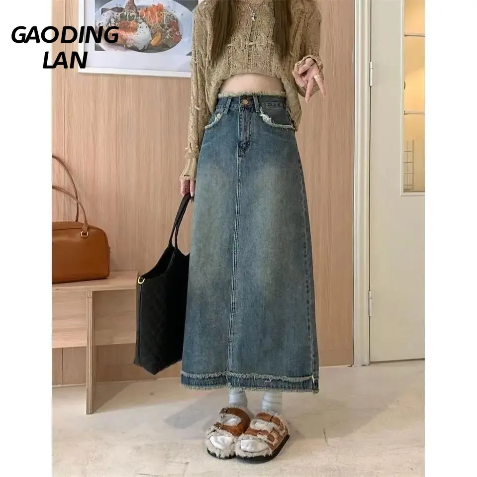

Gaodinglan New Summer Versatile High Waist Women Denim Skirts Retro Blue Spice Girls Loose A Line Long Temperament Skirt Ladies