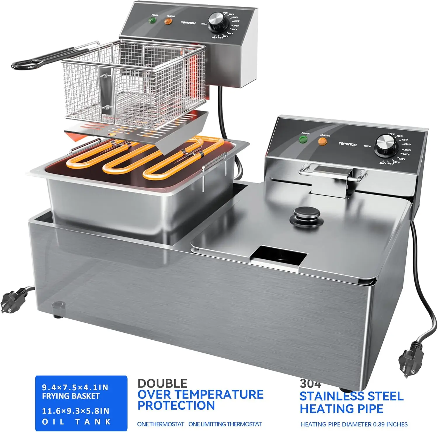 Stainless Steel Dual Tank Electric Deep Fryer with 2 Baskets Capacity 6