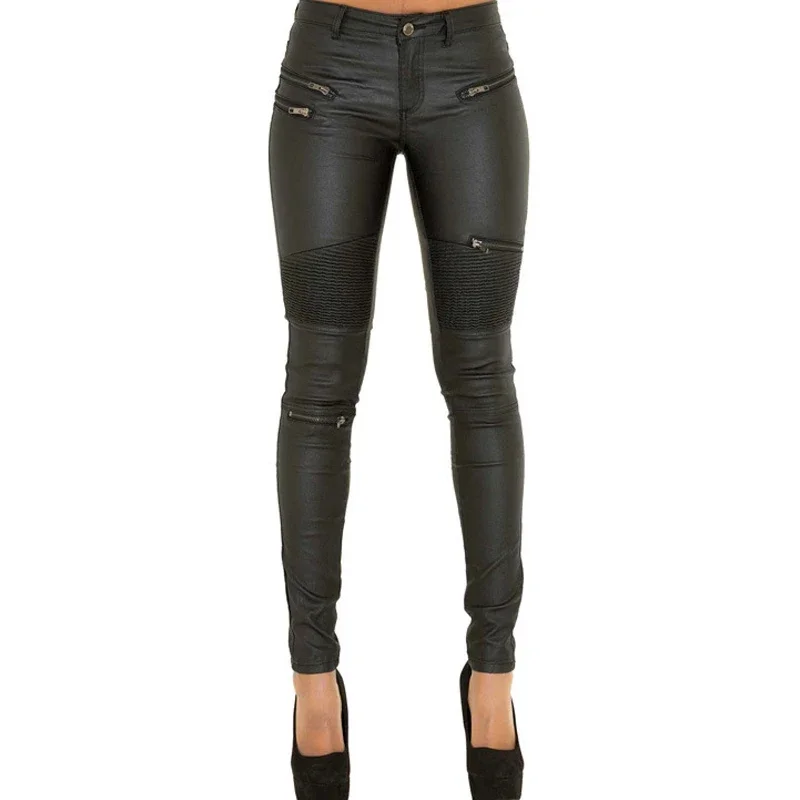 

Imitation Leather Jeans Girls Pants Women Zippers Low Waist Elastic Skinny Pencil Pants Punk Rock Slim Black Trousers Streetwear