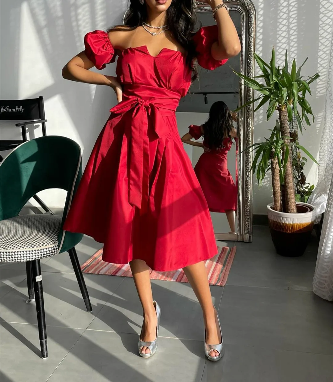 

Vintage Short Red Taffeta Evening Dresses With Pockets Party Gowns A-Line Tea Length فساتين السهرة Robes de soirée Prom Dress