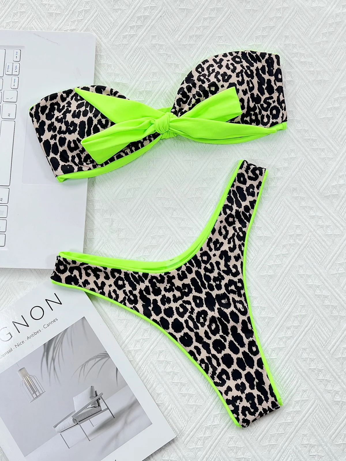 Tanie Sexy Bandeau Knotted Splicing Leopard Bikini sklep