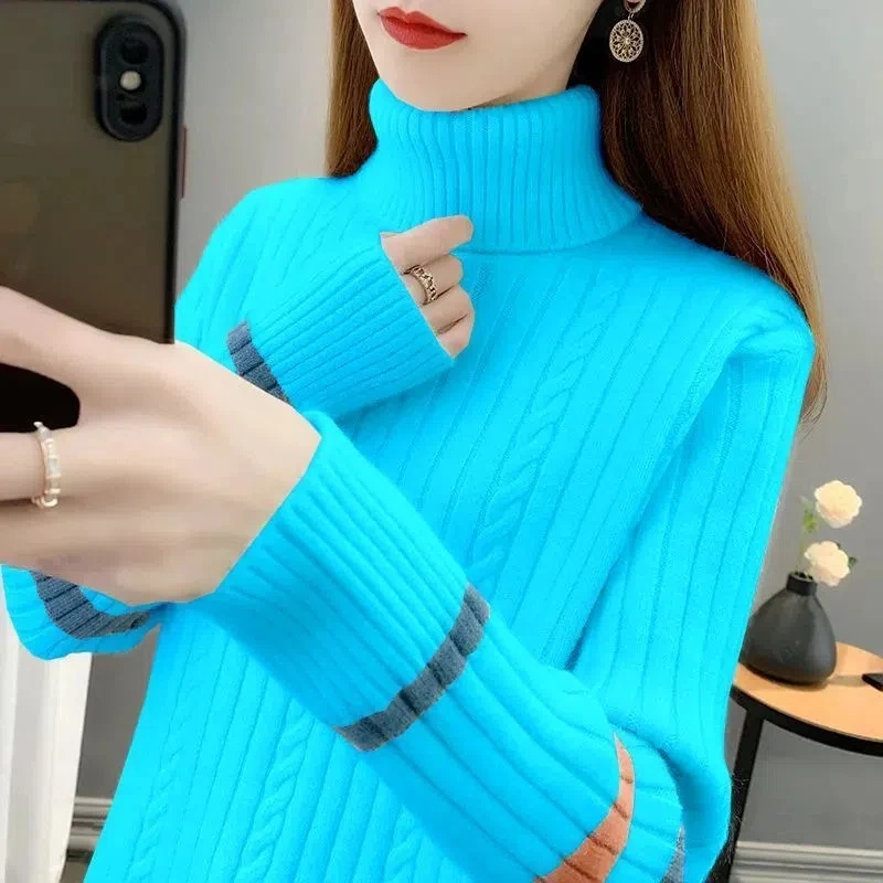 

Turtleneck Elastic Sweater Women Autumn Winter Thicken Loose Long sleeved Patchwork Pullovers Warm Women's Knitwear Jumper Pull