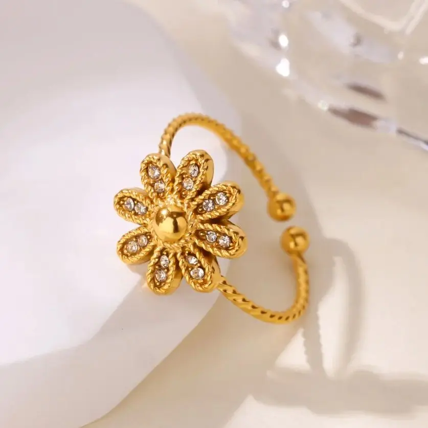 Zircon Flower Rings For Women Gold Stainless Steel
