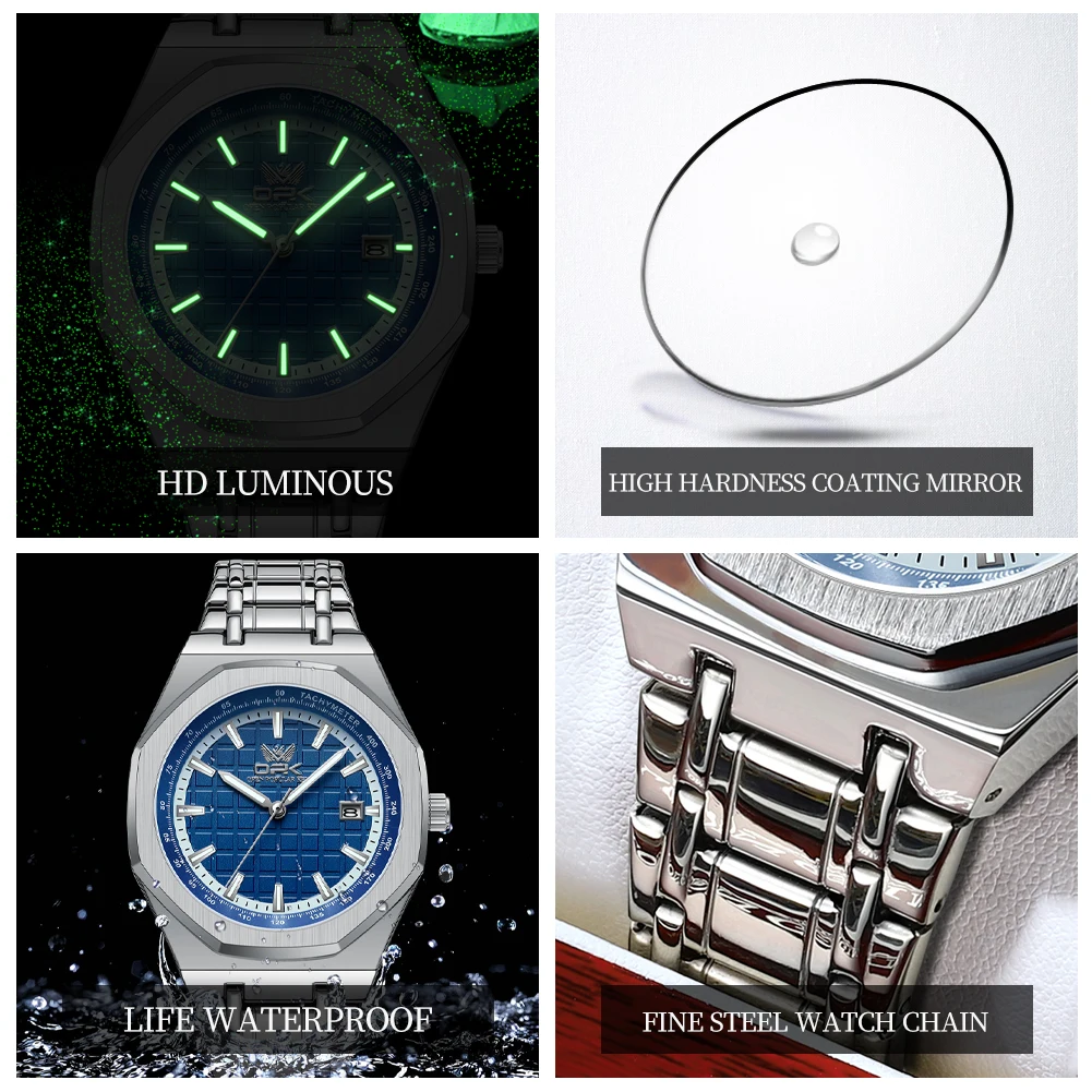 OPK Men's Watches Classic Fashion Stainless Steel Original Quartz Watch for Man Waterproof Luminous Calendar Simple Style