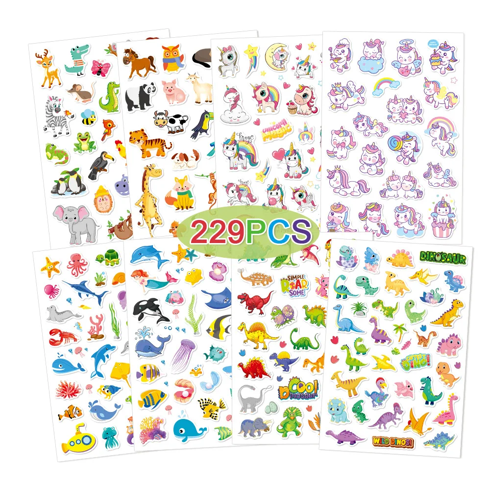 229Pcs 어린이 장면 젤리 스티커 책 재사용 가능한 실습 퍼즐 게임 어린이를위한 동물 공룡 몬테소리 조기 교육 선물