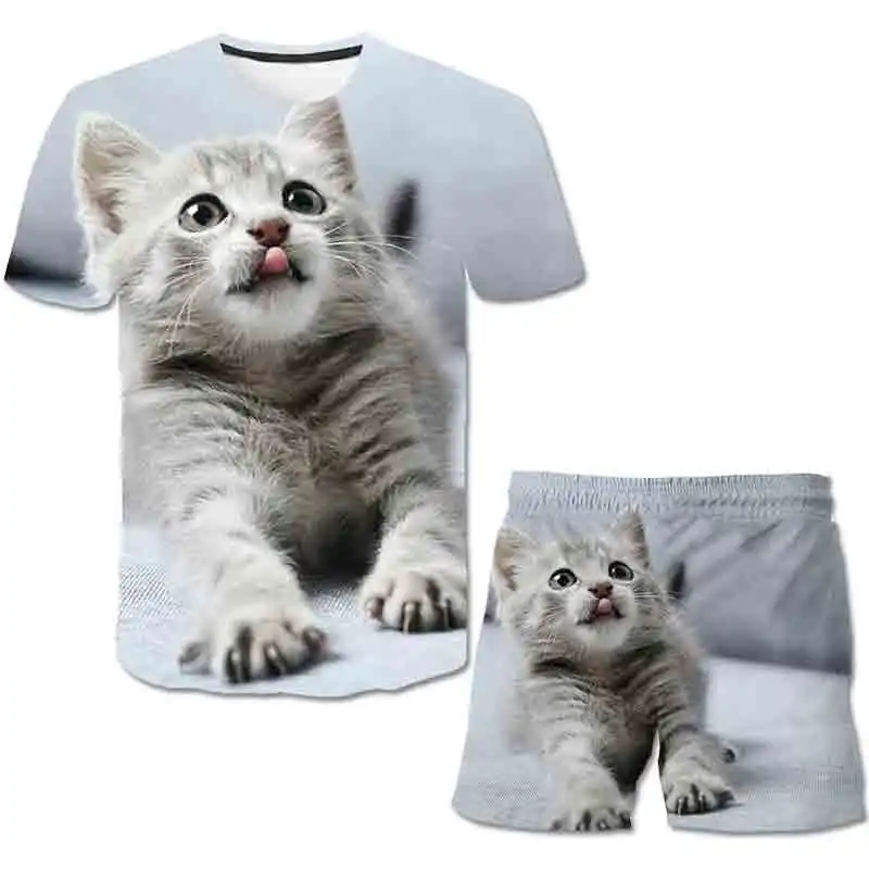 

Children Animal Cute Cat Clothing Sets Baby Boy Clothes Girls Short Sleeve T shirt+Pants 2pcs Suits Boys Clothes 3-14T