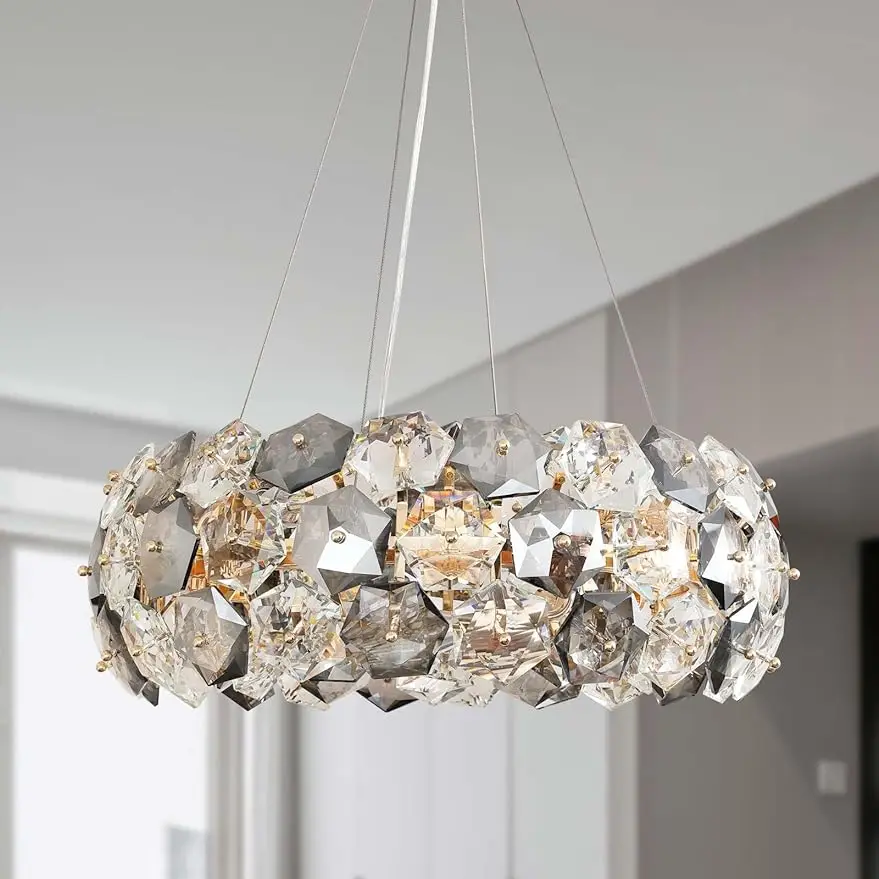 

Хрустальная люстра, золотистая Современная круглая Подвесная лампа с 12 лампами, 24 дюйма, шестигранные кристаллы, охватывающие хром, металл