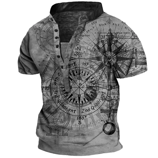 Summer Compass Men s 3D Printed Front Chest Buckle Short Sleeve Casual T-Shirt Polo Shirts for Men Burberry Men T-Shirt