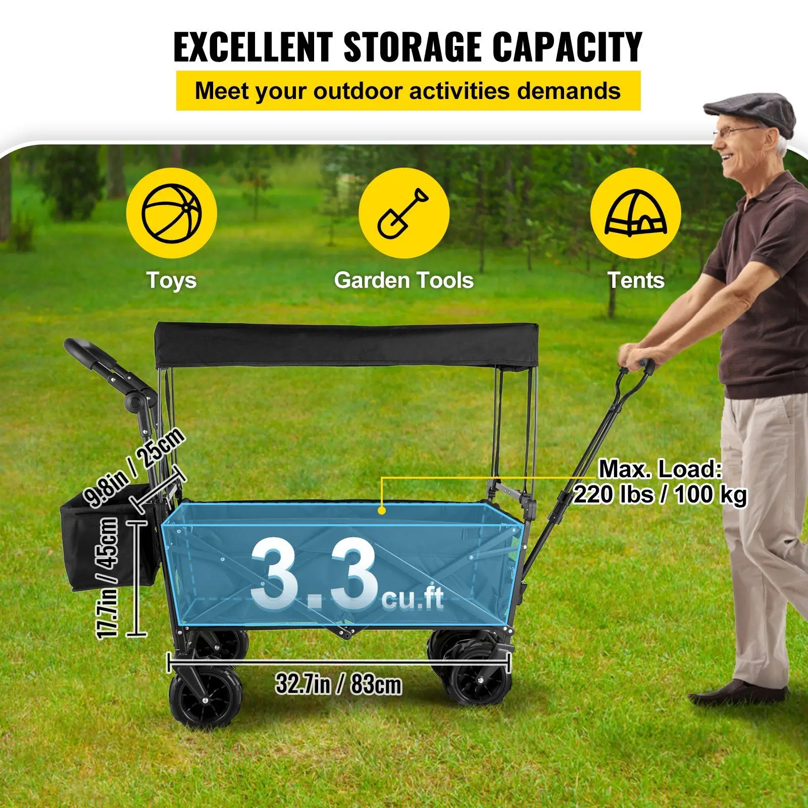 Extra Large Collapsible Garden Cart with Canopy, Folding Wagon with Wheels, for Gardening, Camping, and Shopping, Black