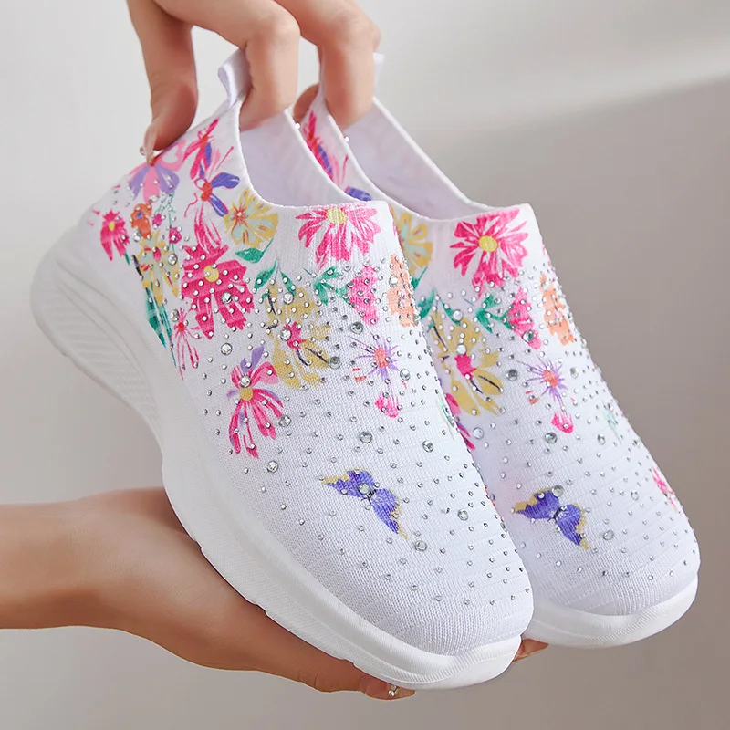 Women's Printed Knitted Sports Shoes 2024 Breathable Sports Shoes Women's Flat Shoes Women's Plus Size 41 Driving
