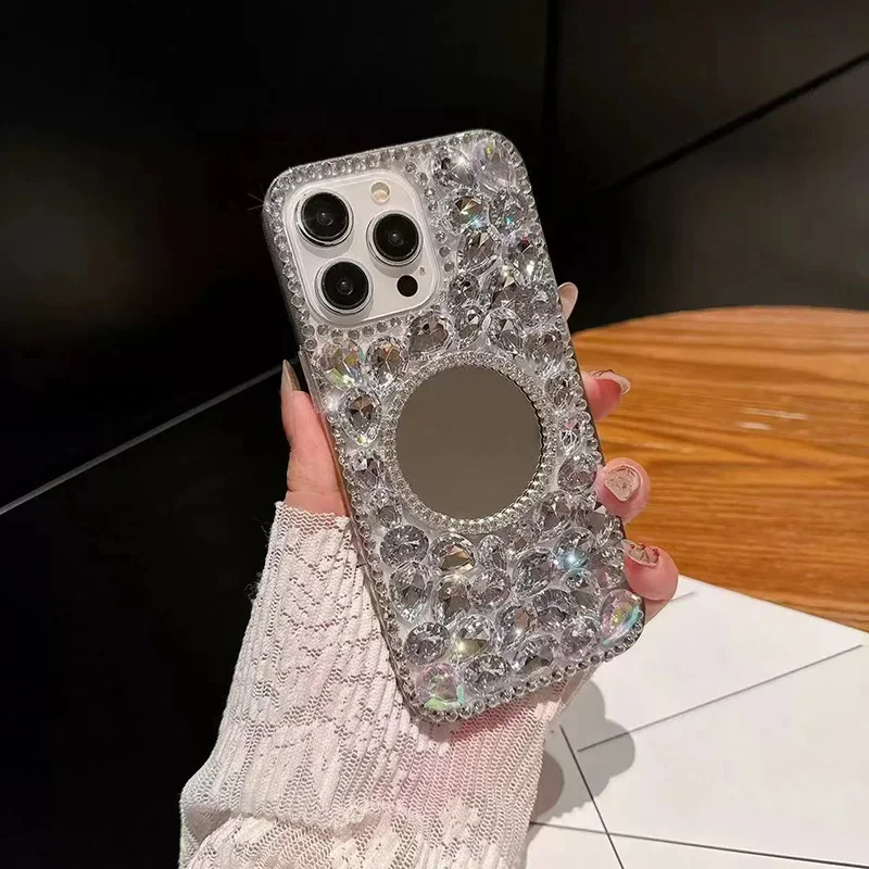 Enhanced Product Title: Elegant Rhinestone Mirror Case with Crystal Bling Design