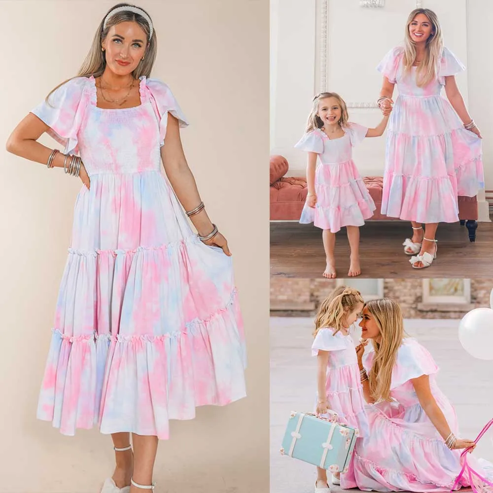 Family Mom Baby Women Girls Dress Summer Mother Daughter Matching Dresses Pink Grid Family Look Mom And Me Clothes Outfits