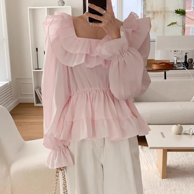 

Clothland Women Sweet Ruffled Blouse Flare Sleeve Square Collar Shirt Pink White Black Chic Tops Blusa LA879