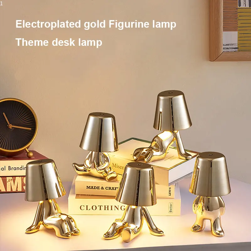 

Italy Little Golden Man Night Light Resin Led Table Lamp Coffee Bar Bedroom Room Decor Cartoon Thinker Lamp Children's Day Gift