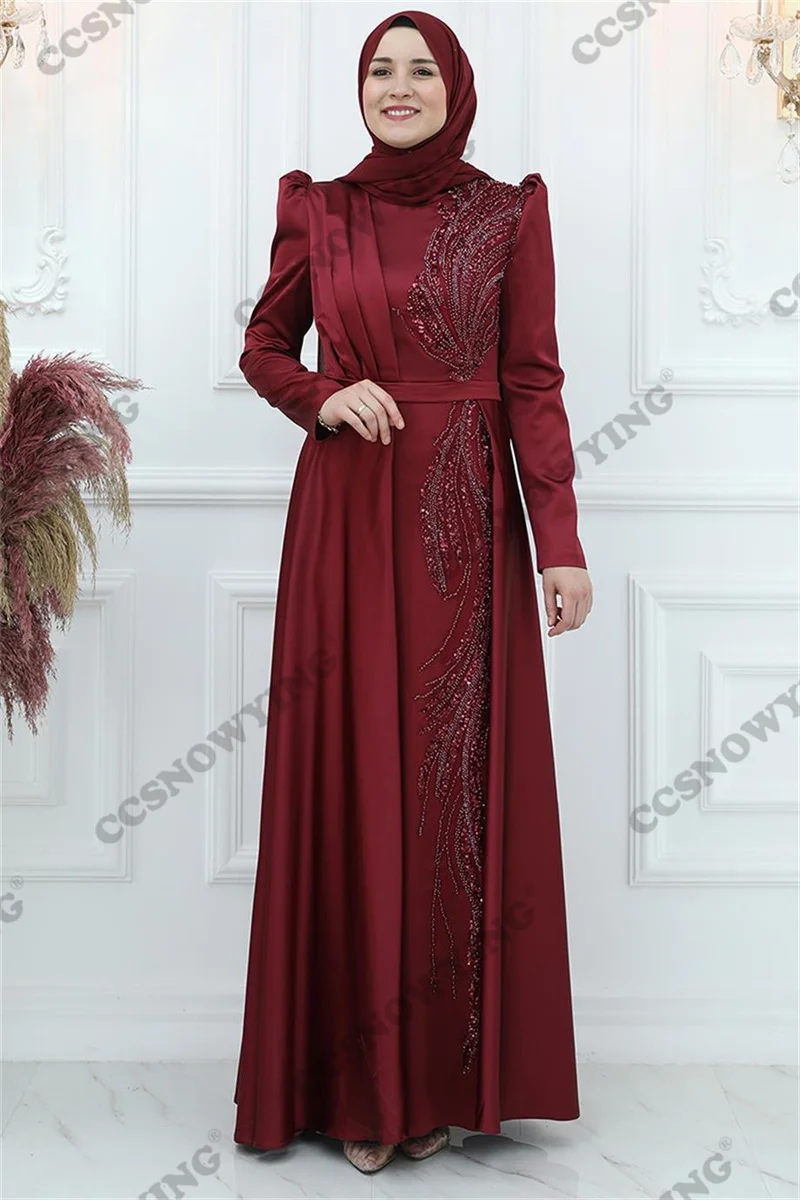 

Burgundy Satin Appliques Hijab Muslim Evening Dresses Islamic Long Sleeve Formal Party Gown Women Arabic Kafan Robe De Soiree
