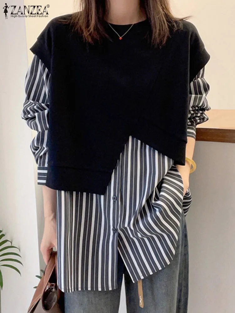 

ZANZEA 2024 Fashion Spring Vintage Striped Tops Casual Loose Work Shirt Female Party Blusas Women Long Sleeve Patchwork Blouse