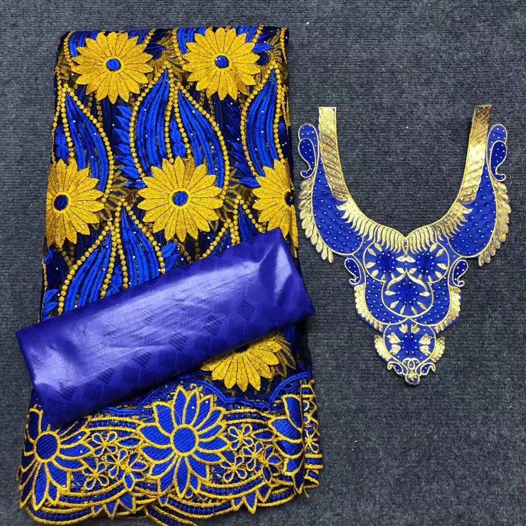 

2.5+2.5yards/set African Bazin Brode Fabric With Swiss Cotton Lace Fabric & Collar 2022 High Quality Brocade Lace Fabric M305-2