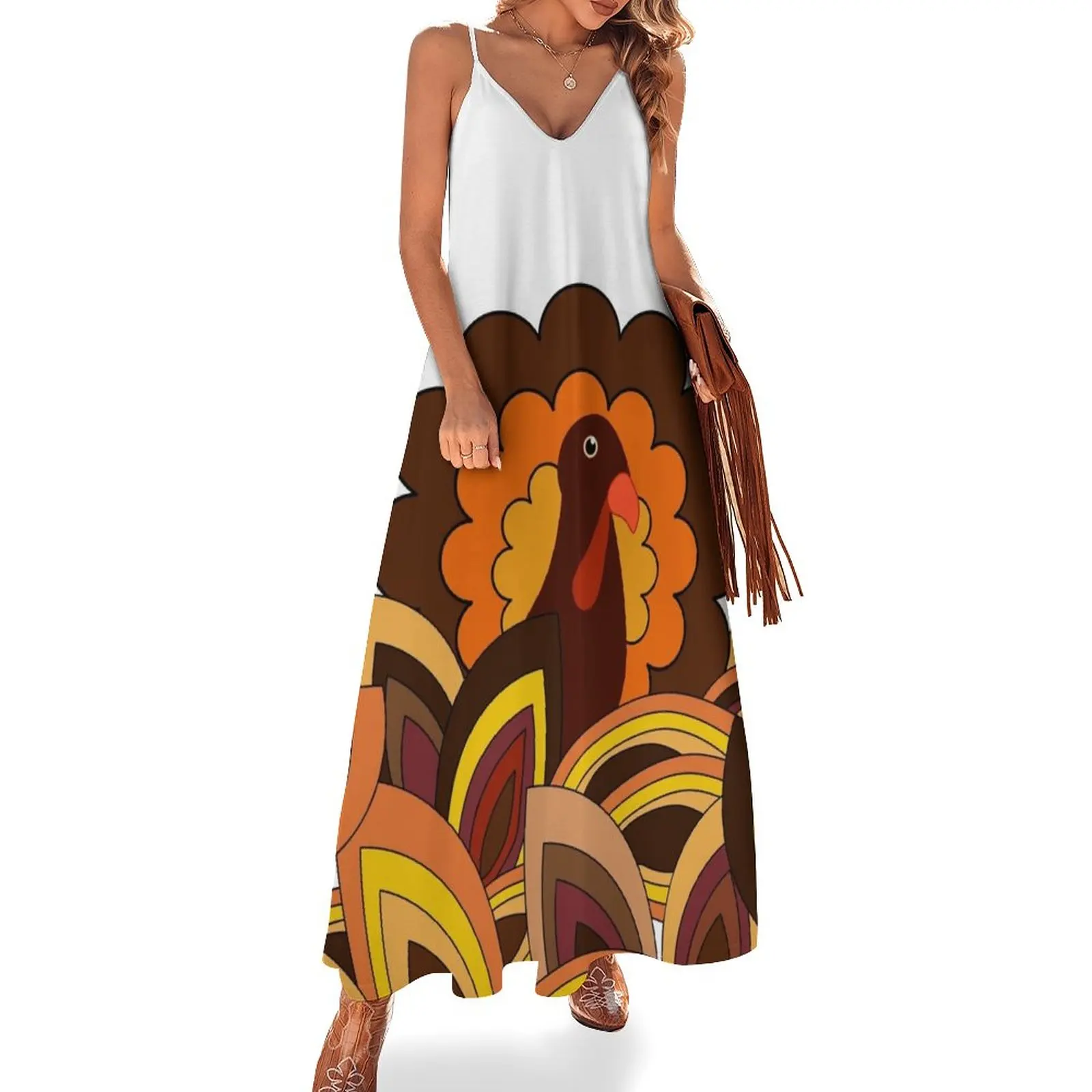 

Retro Thanksgiving Turkey on White Sleeveless Dress Long dresses luxury dresses