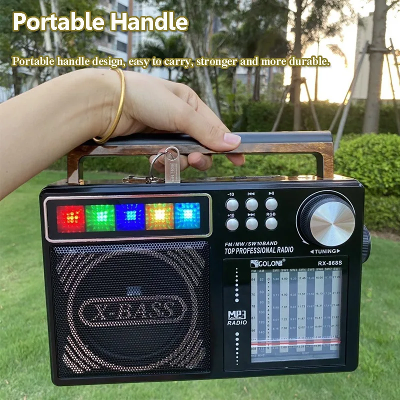 Portable Full Band Radio Stable Signal FM AM SW 1-8 Radios Receiver X-BASS Bluetooth Music Box with RGB Light TF Card USB Player