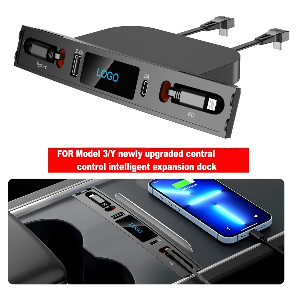 EV Charger For Tesla Model 3 Y Docking Station 27W Quick Charger USB LED Shunt Hub Extension Center Console 4 Ports Smart Sensor