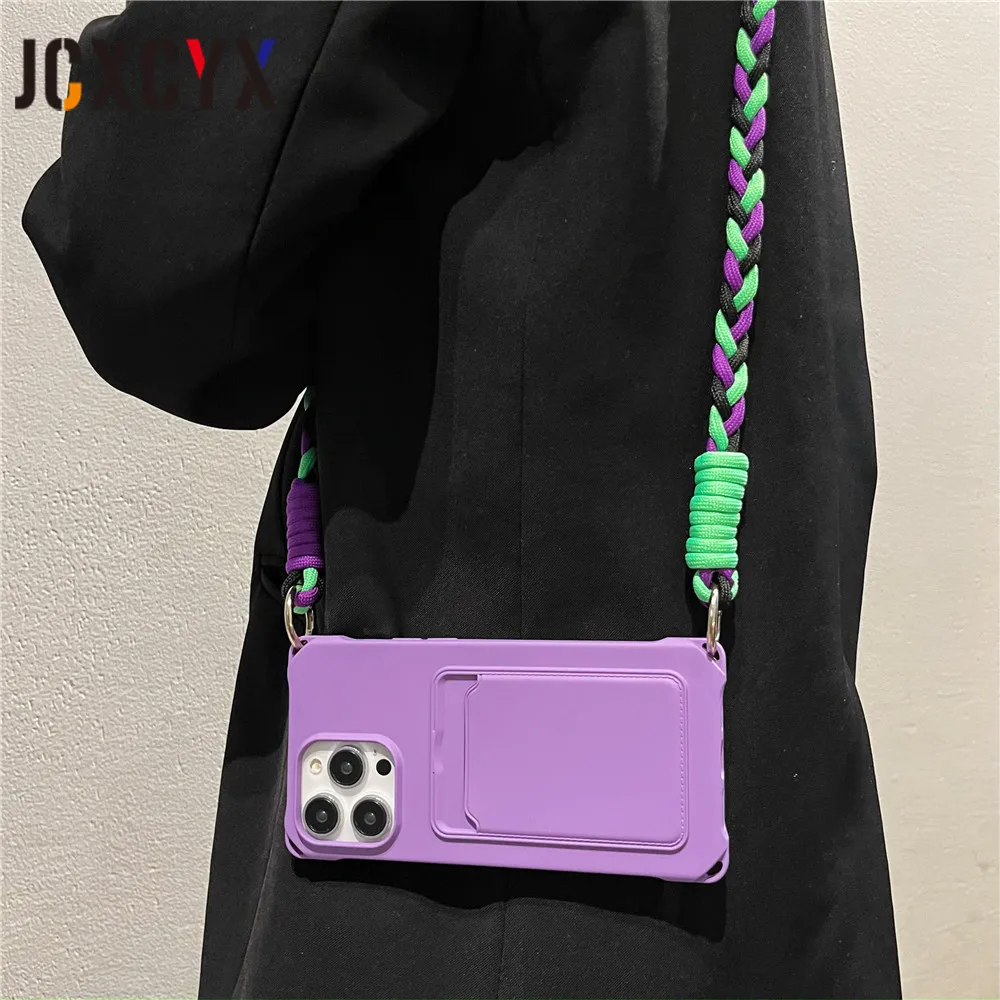 

Card Pocket Braided Crossbody Strap Phone Case For iPhone14 15Promax 13 12 11 XSMAX 678PLUS SE2 Cover XR Skinny Shell Protection