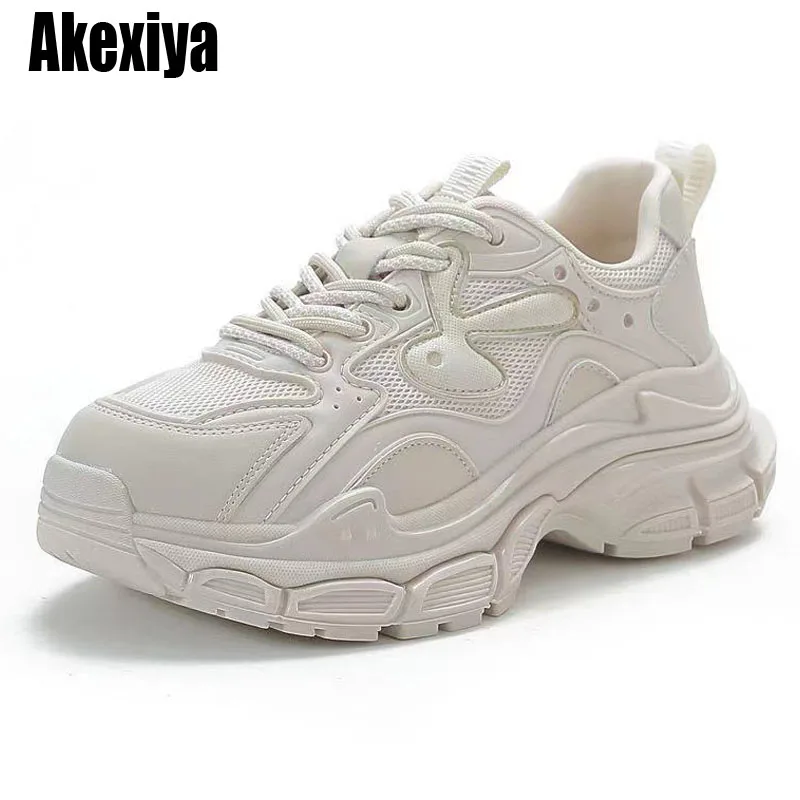 

Chunky Sneakers Women'S Mesh Lace-Up Platform Shoes Round Toe Real Leather Casual Sneakers Size 35-39